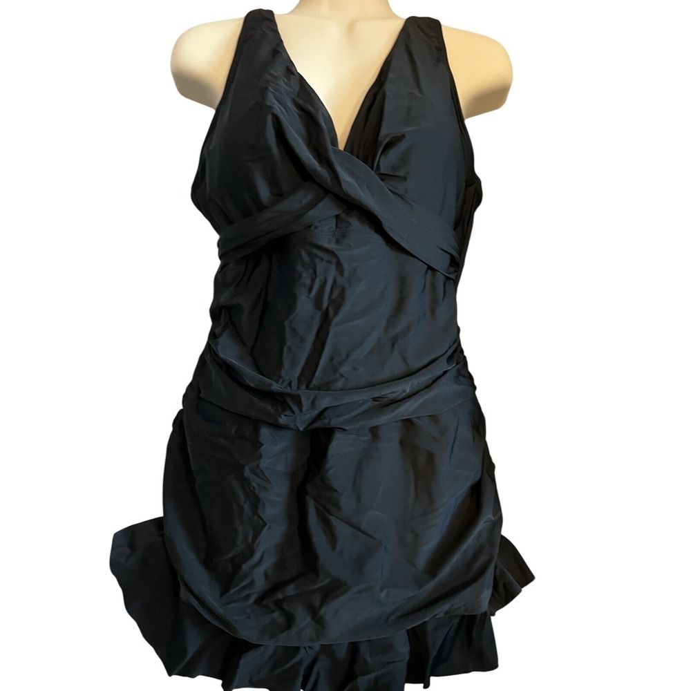 Monique Womens Black Ruched Cross Front Ruffle Hem Swimdress XL 1 Piece Swimsuit